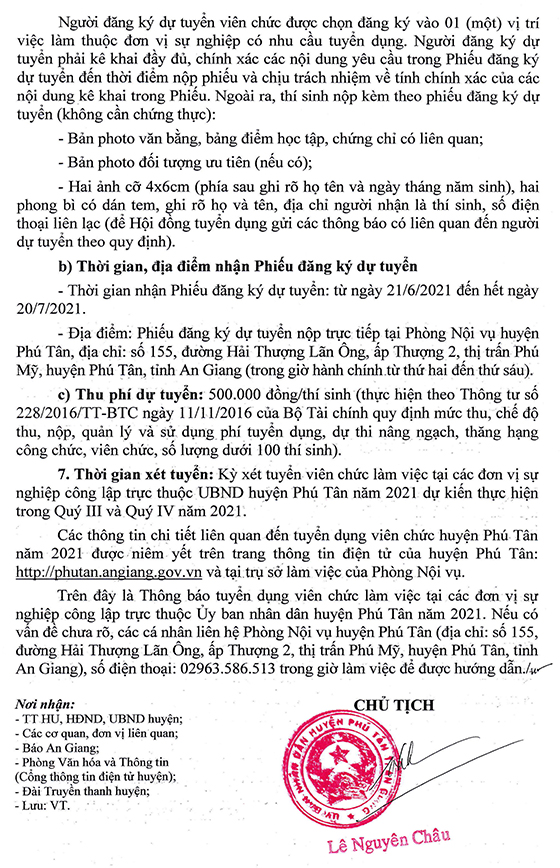 UBND huyện Phú Tân, An Giang tuyển dụng viên chức năm 2021