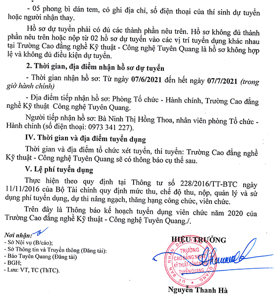 Trường Cao đẳng nghề Kỹ thuật - Công nghệ Tuyên Quang tuyển dụng viên chức năm 2021
