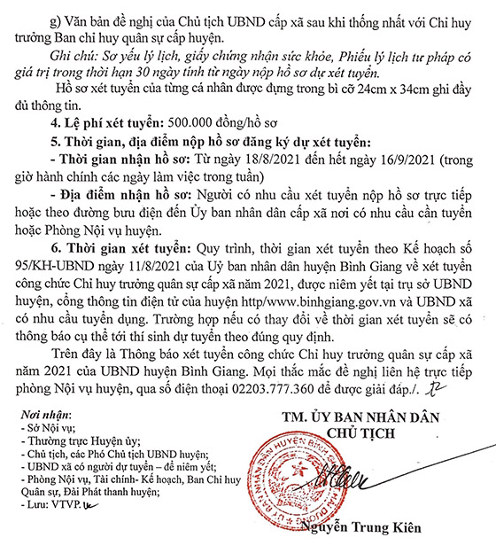 UBND huyện Bình Giang, Hải Dương tuyển dụng Chỉ huy trưởng QS cấp xã năm 2021