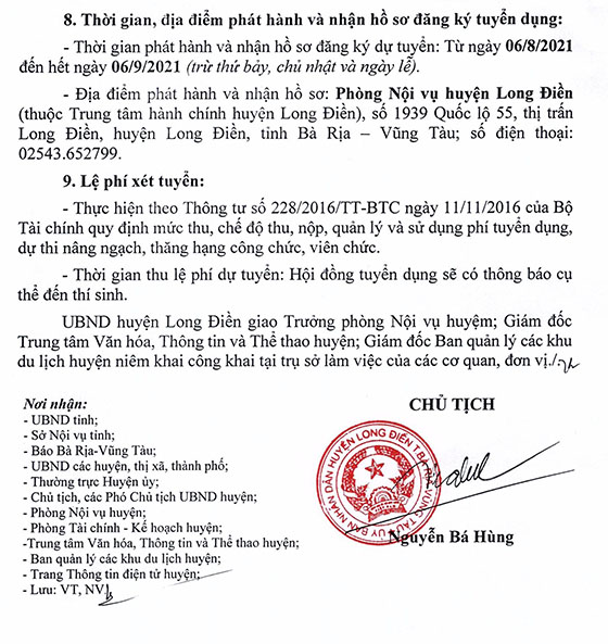 UBND huyện Long Điền, Bà Rịa - Vũng Tàu tuyển dụng viên chức năm 2021