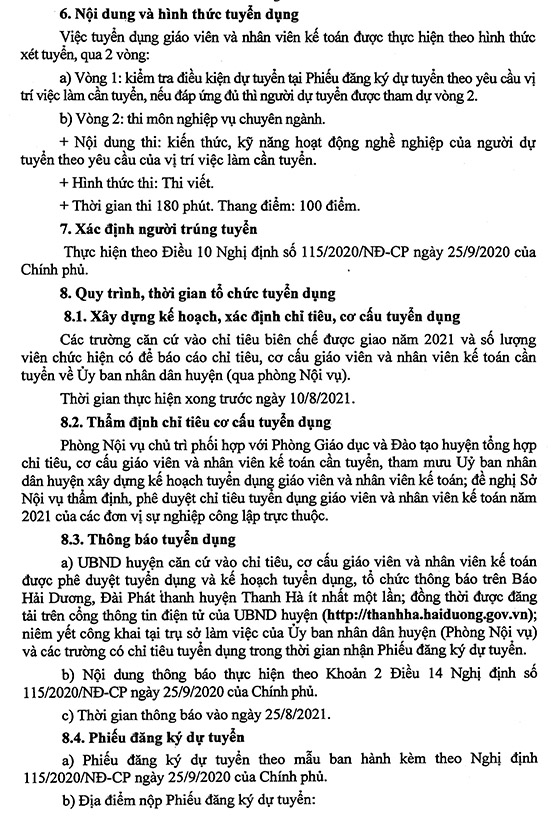 UBND huyện Thanh Hà, Hải Dương ban hành Kế hoạch tuyển dụng giáo viên và NVKT năm 2021 