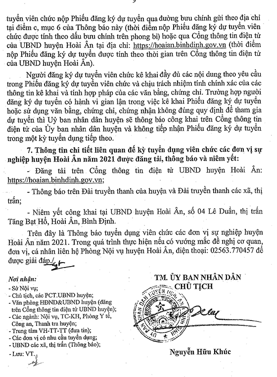 UBND huyện Hoài Ân, Bình Định tuyển dụng viên chức năm 2021