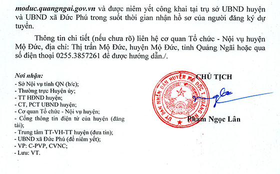 UBND huyện Mộ Đức, Quảng Ngãi tuyển dụng Chỉ huy trưởng Quân sự cấp xã năm 2021