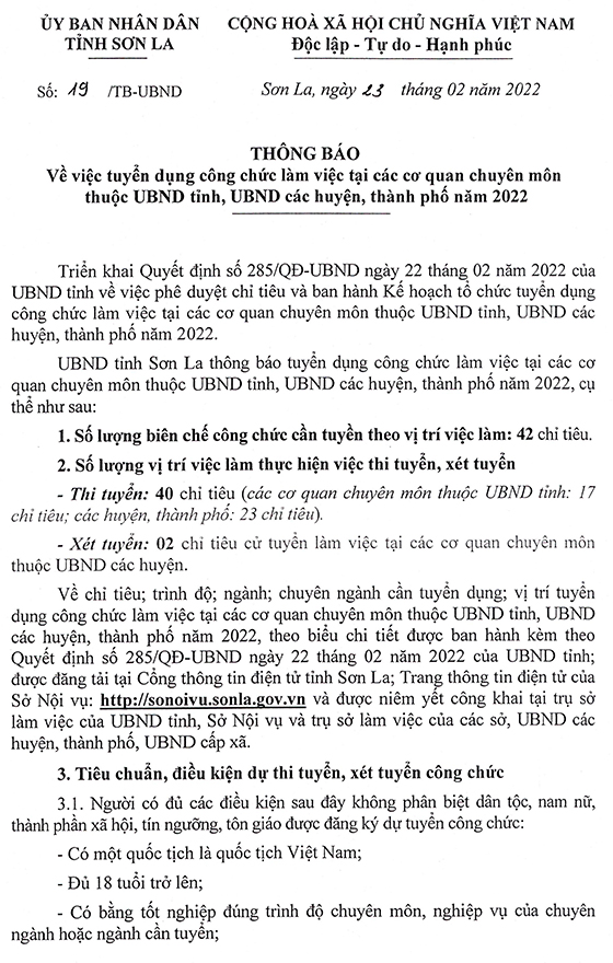 UBND tỉnh Sơn La tuyển dụng công chức cấp tỉnh, huyện, thành phố năm 2022