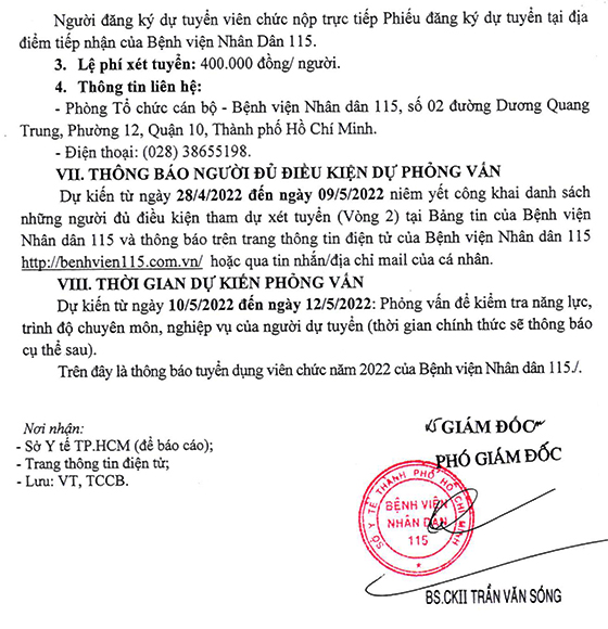 Bệnh viện Nhân dân 115, TP. Hồ Chí Minh tuyển dụng viên chức năm 2022