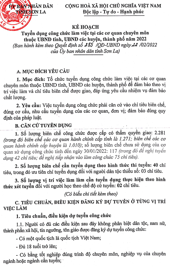 UBND tỉnh Sơn La tuyển dụng công chức cấp tỉnh, huyện, thành phố năm 2022
