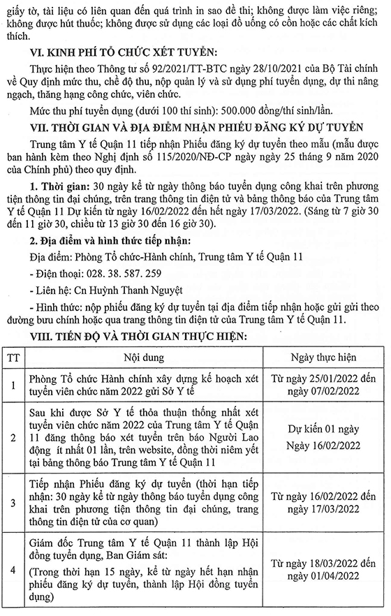 Trung tâm Y tế Quận 11, TP. Hồ Chí Minh tuyển viên chức năm 2022