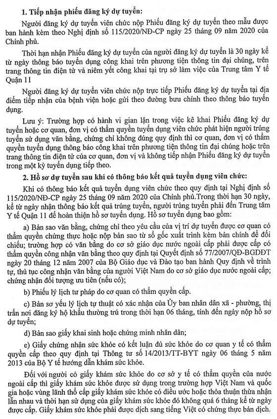Trung tâm Y tế Quận 11, TP. Hồ Chí Minh tuyển viên chức năm 2022