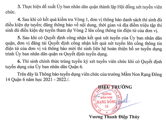 Trường Mầm non Rạng Đông 14 - Quận 6, TP. Hồ Chí Minh tuyển dụng viên chức năm học 2021-2022