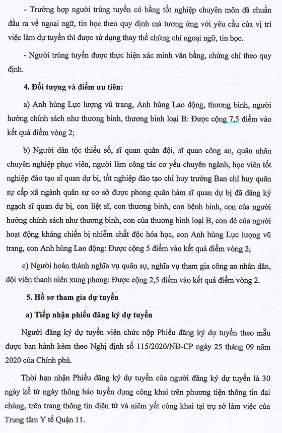 Trung tâm Y tế Quận 11, TP. Hồ Chí Minh tuyển viên chức năm 2022