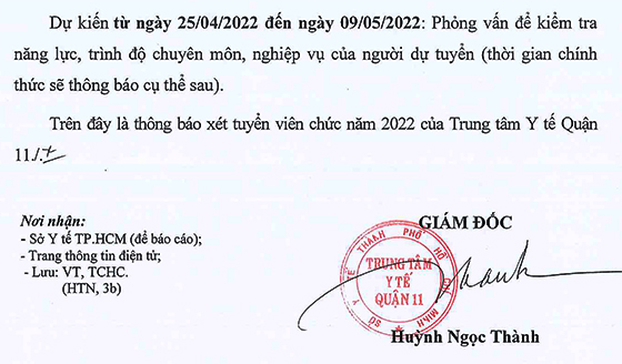 Trung tâm Y tế Quận 11, TP. Hồ Chí Minh tuyển viên chức năm 2022
