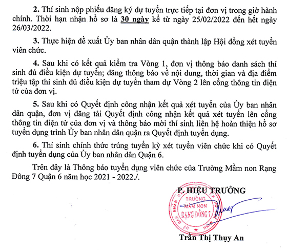 Trường Mầm non Rạng Đông 7 - Quận 6, TP. Hồ Chí Minh tuyển dụng viên chức năm học 2021-2022