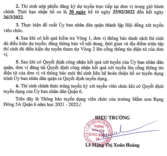 Trường Mầm non Rạng Đông 5A - Quận 6, TP. Hồ Chí Minh tuyển dụng viên chức năm học 2021-2022