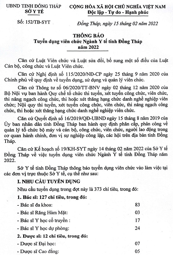 Tỉnh Đồng Tháp tuyển dụng viên chức Ngành Y tế năm 2022